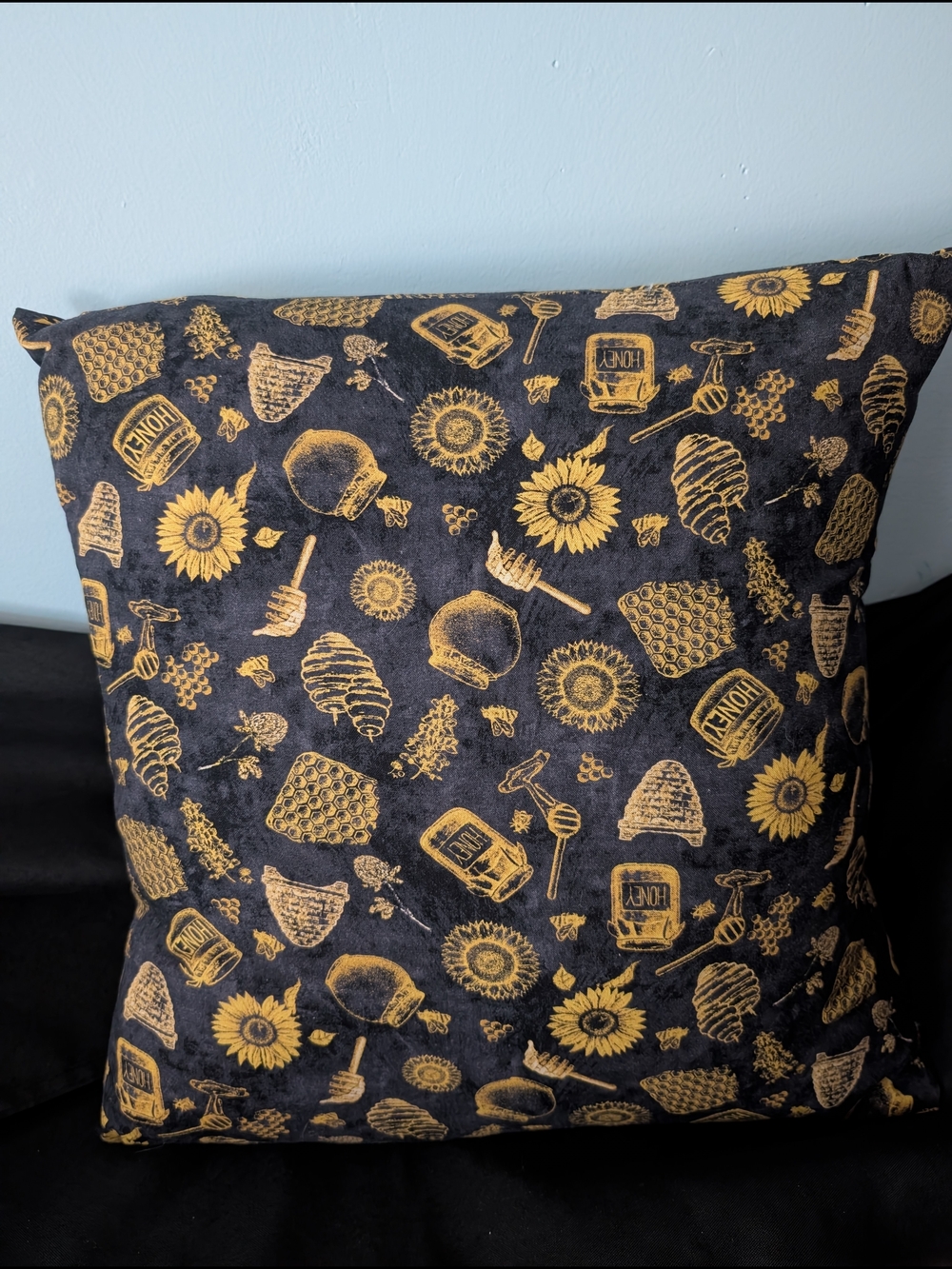 Hand Crafted 16X16 Black and Gold Honeycomb & Sunflower Accent Pillow